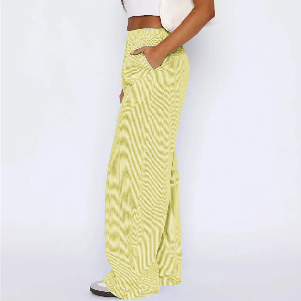 Women's Striped Wide Leg Pants - High Waist Straight Trousers with Pockets