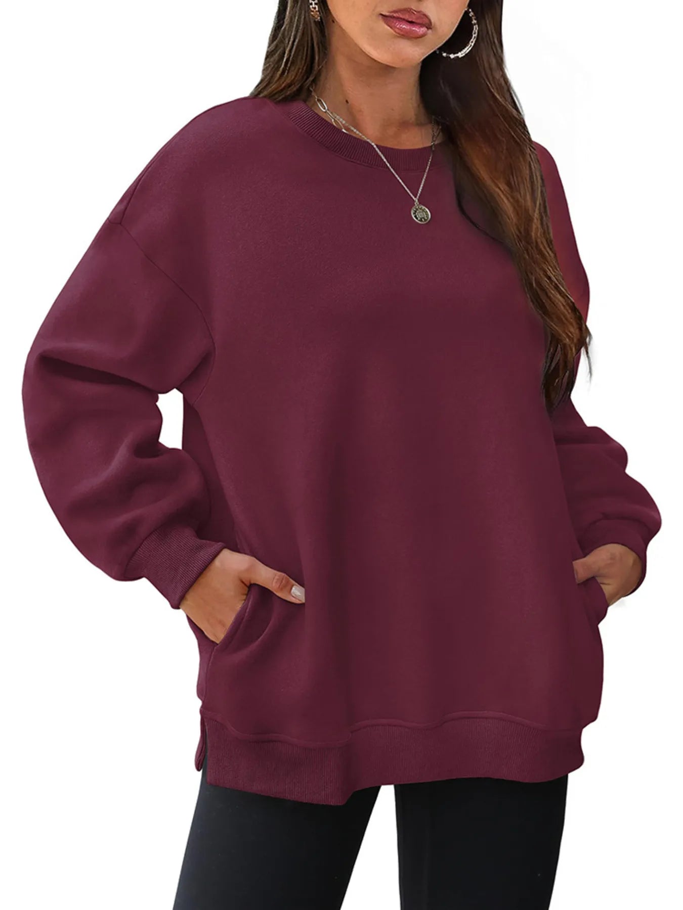 Sarah Express Women's Oversized Long Sleeve Crewneck Sweatshirt Burgundy