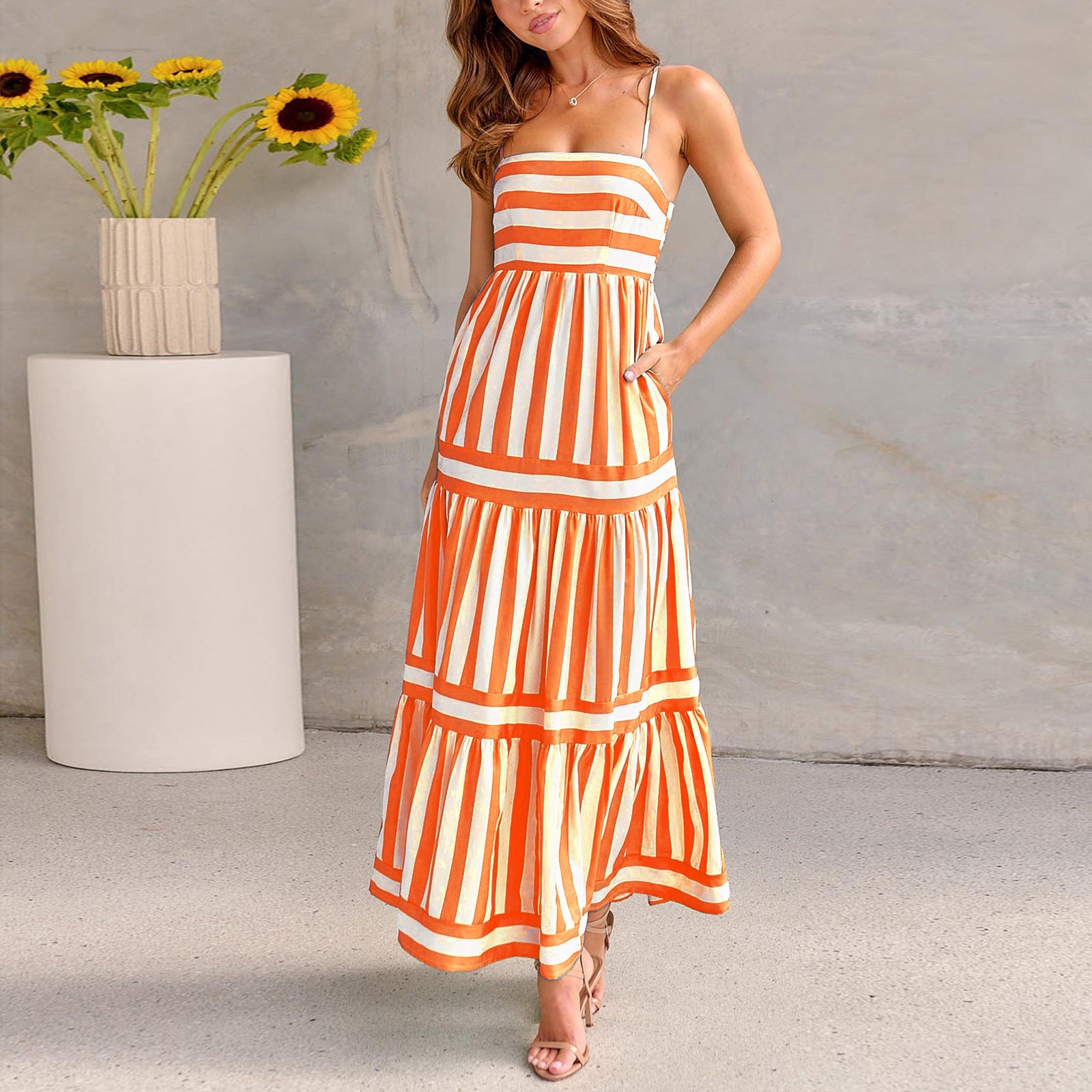 Striped Square Neck Maxi Dress Backless Suspender with Pockets