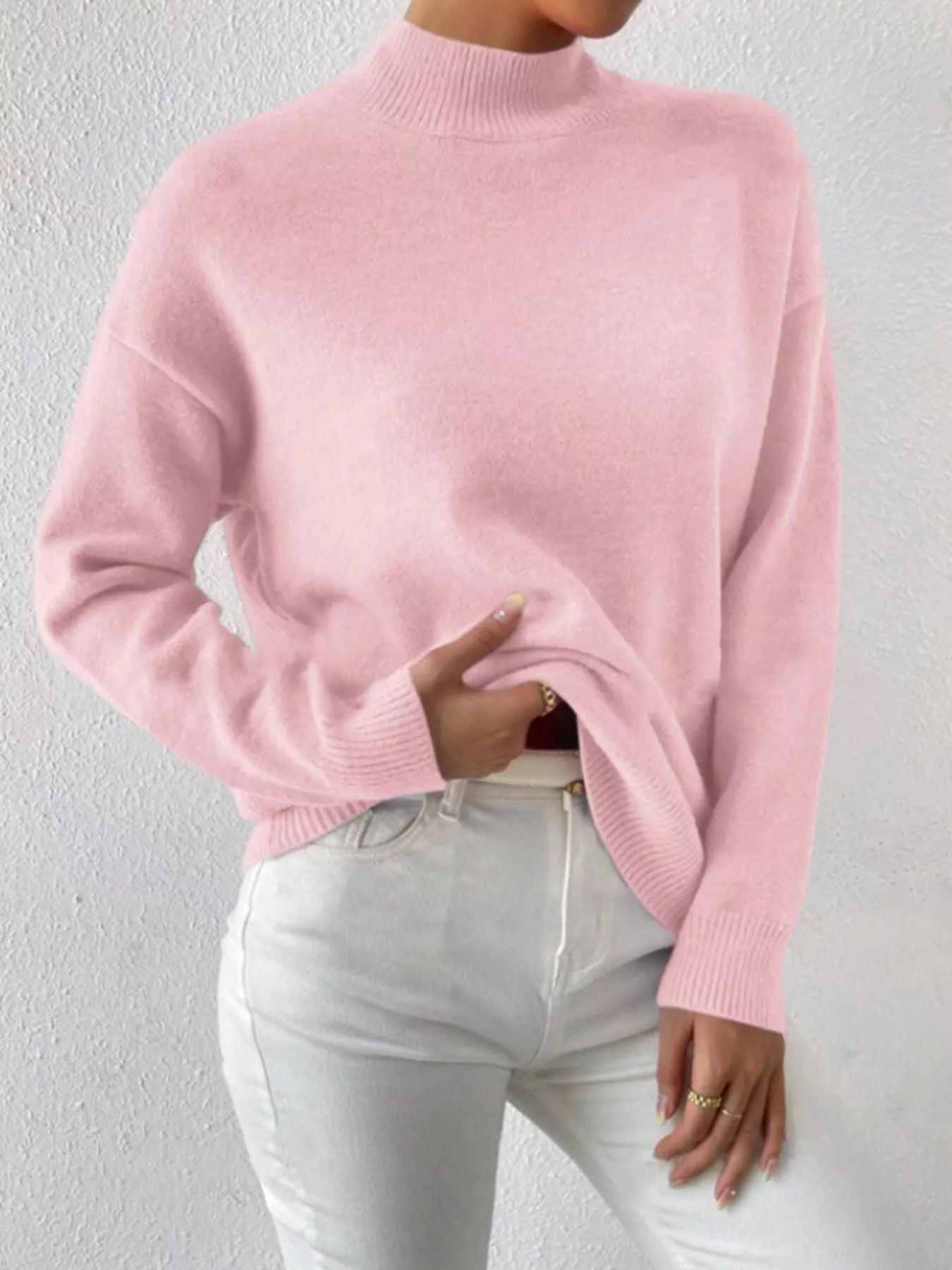 Sarah Express Women's Mock Neck Dropped Shoulder Sweater Pink