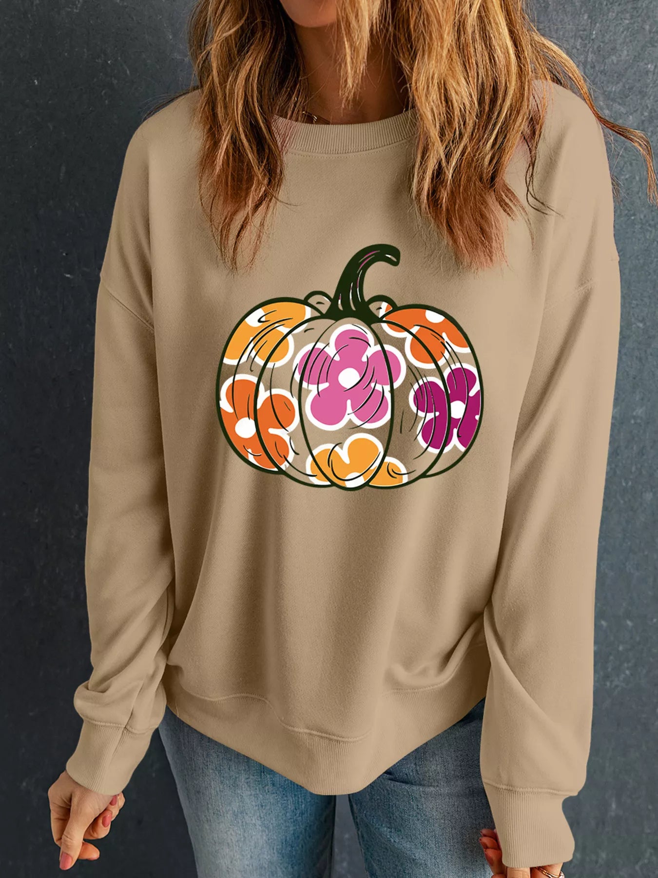 Sarah Express Women's Halloween Floral Pumpkin Graphic Drop Shoulder Sweatshirt