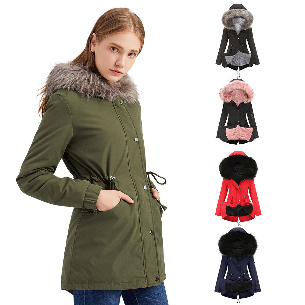 Women's Mid-Length Cotton Padded Hooded Parka Coat Loose Fit Winter Jacket