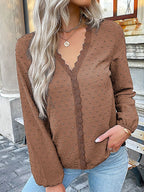 Sarah Express Women's Lace Detail V-Neck Long Sleeve Blouse