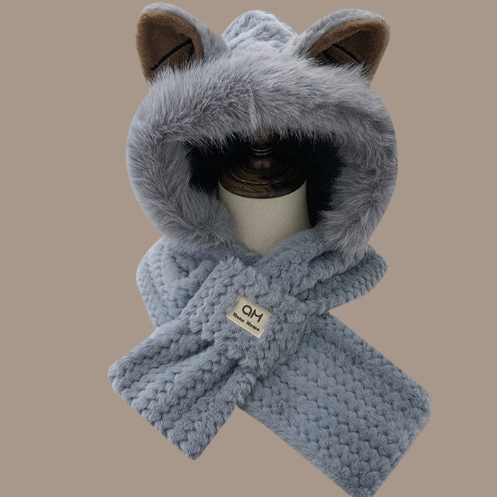 Furry Fox Ear Winter Hat with Neck Warmer Windproof Accessory
