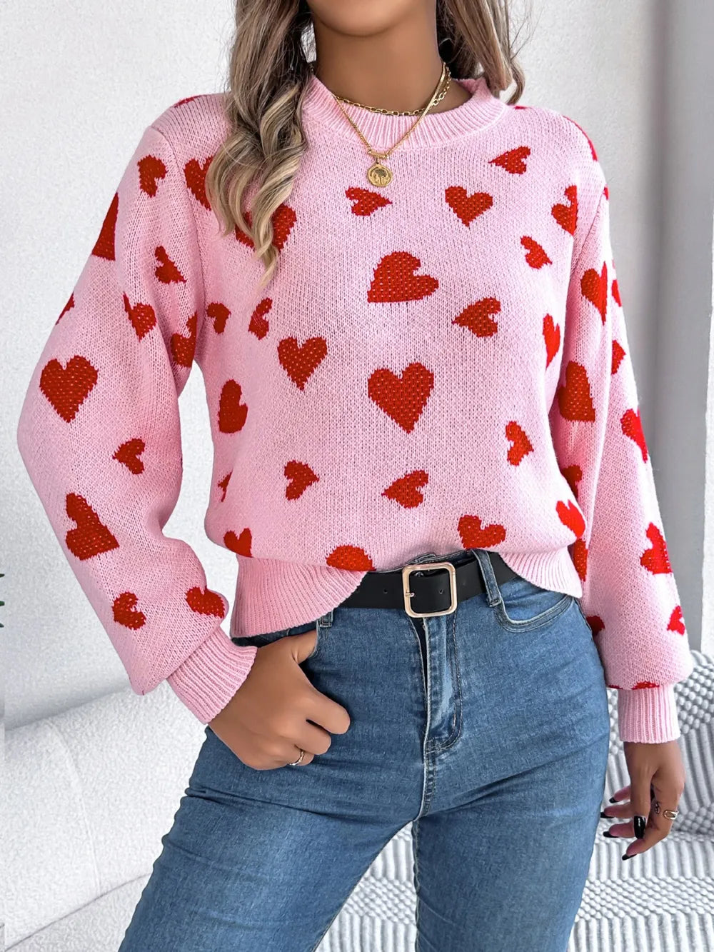Sarah Express Women's Heart Round Neck Long Sleeve Sweater Blush Pink