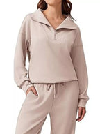 Sarah Express Women's Zip Collar Dropped Shoulder Top and Pants Set
