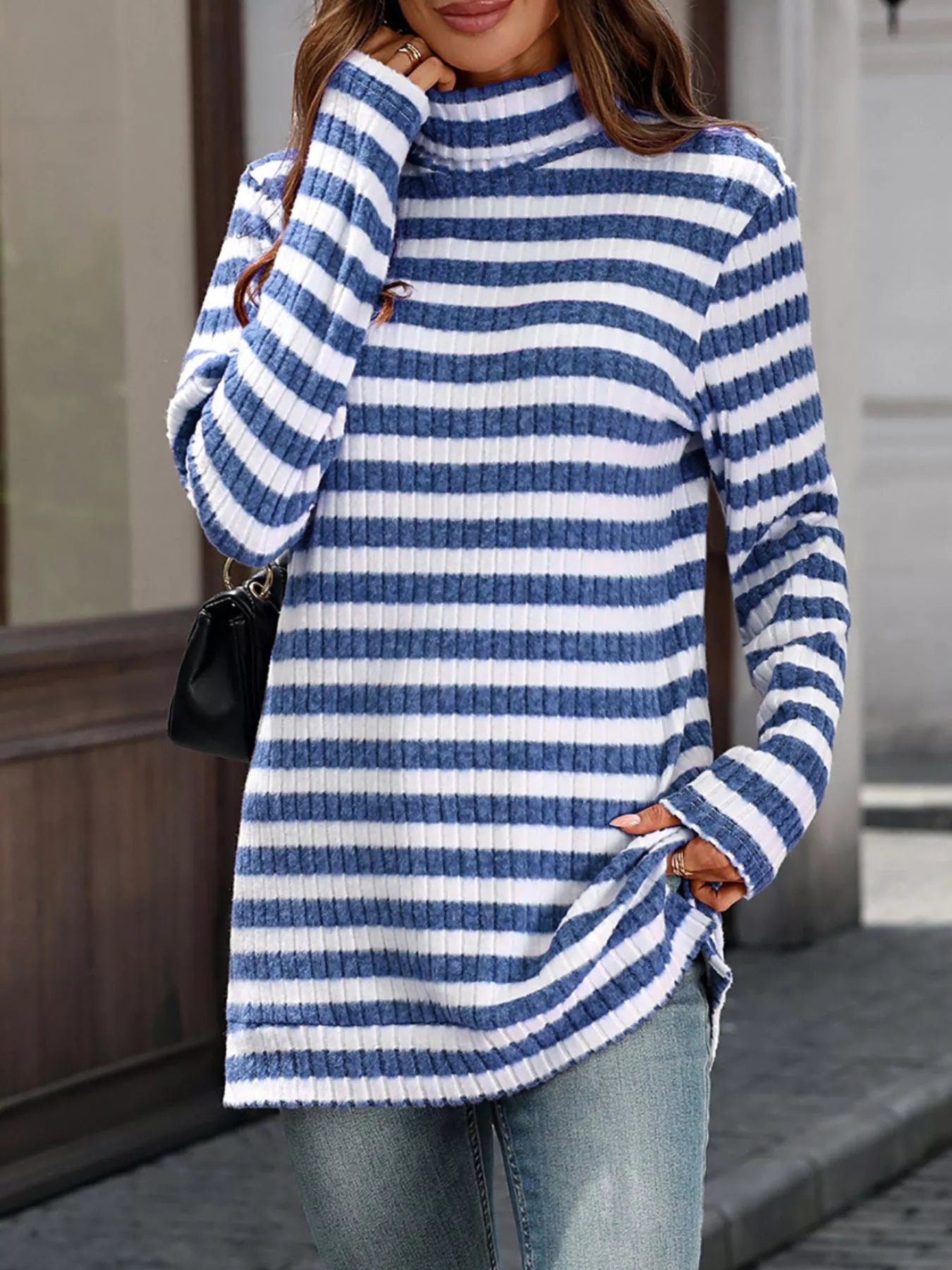 Sarah Express Women's Striped Turtleneck Long Sleeve Knit Top Blue