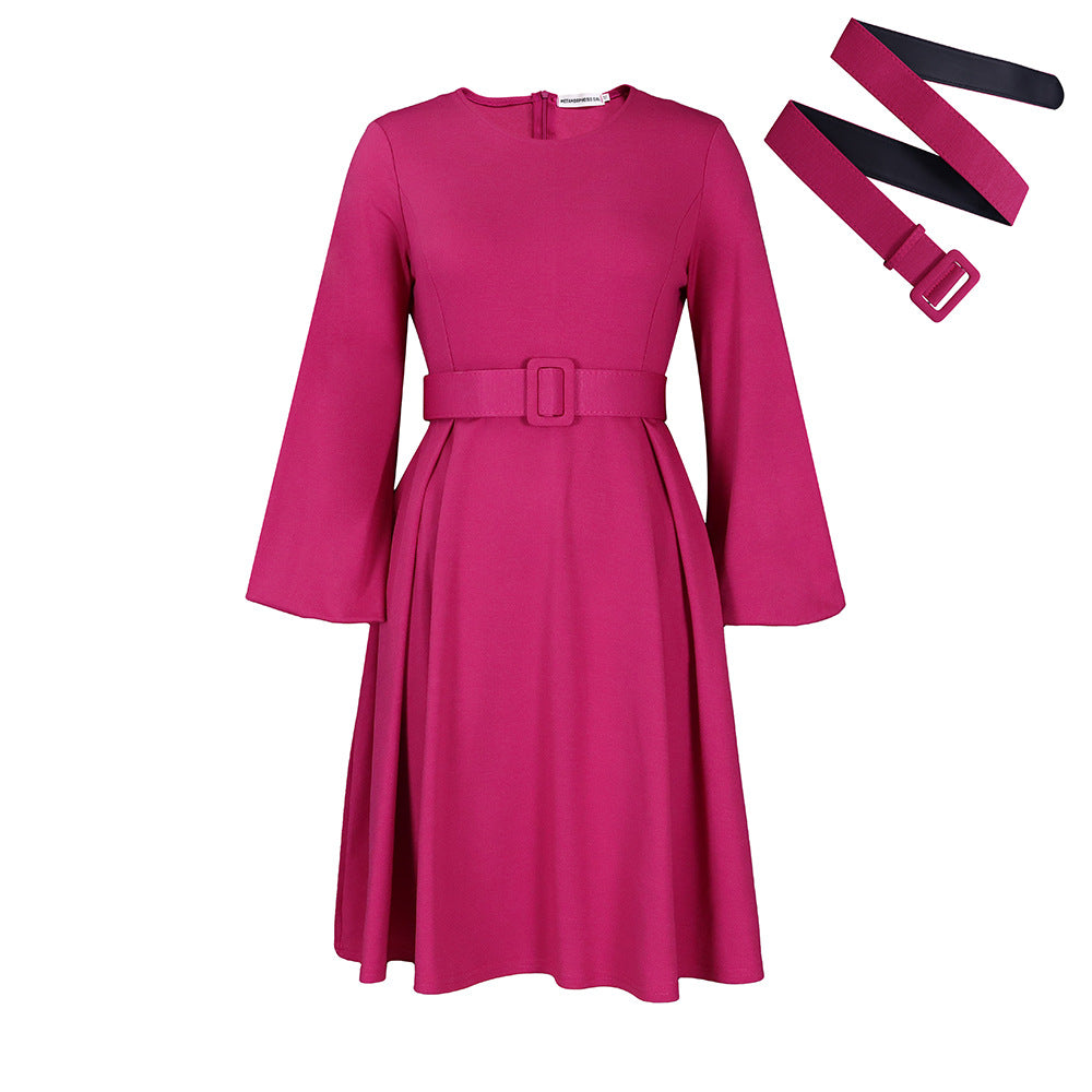 Women's Long Sleeve Belted Swing Dress - Elegant High Waist Mid-Length Dress