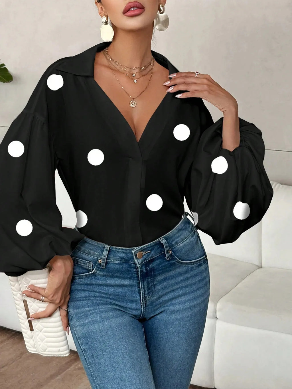 Sarah Express Women's Polka Dot Balloon Sleeve Blouse - Oversized Button-Up Top