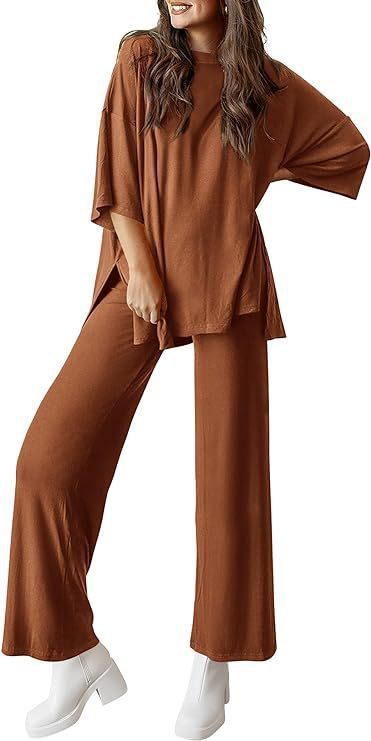 Two Piece Pullover Top Wide Leg Pants Set Polyester