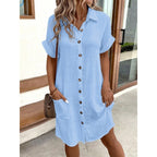 V-Neck Button Front Shirt Dress - A-Line Short Sleeve Women's Dress