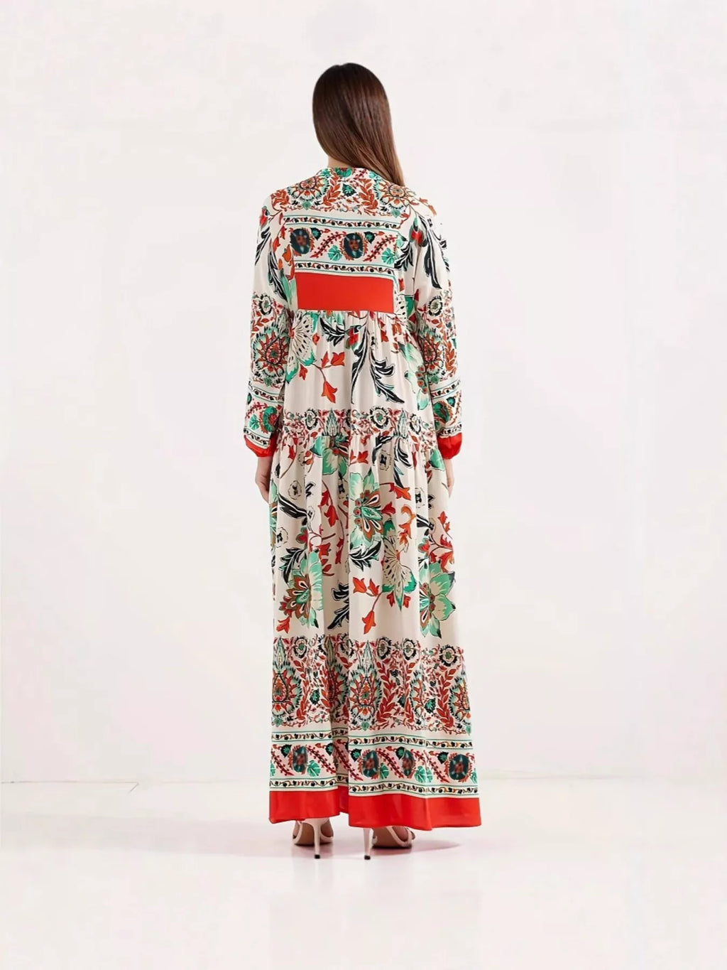 Sarah Express Women's Printed Notched Long Sleeve Maxi Dress