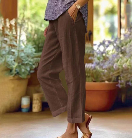 Women's Cotton Straight Leg Pants - Casual Mid-Waist Loose Fit Trousers