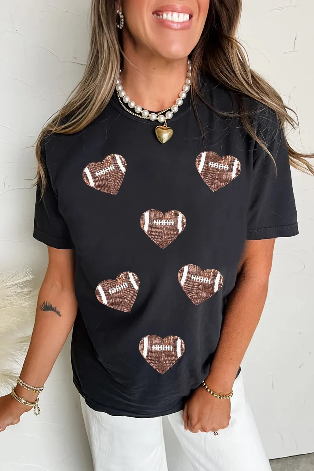 Sarah Express Women's Game Day Football Heart Sequin Round Neck T-Shirt