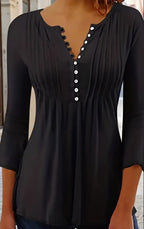 Button Front Ruched Blouse Women's Crew Neck Casual Top