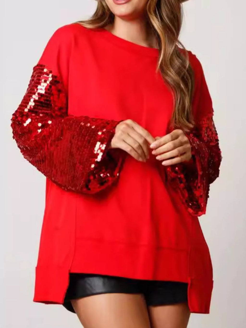 Sarah Express Women's Sequin Long Sleeve Round Neck Sweatshirt - Oversized Sparkle Top Red