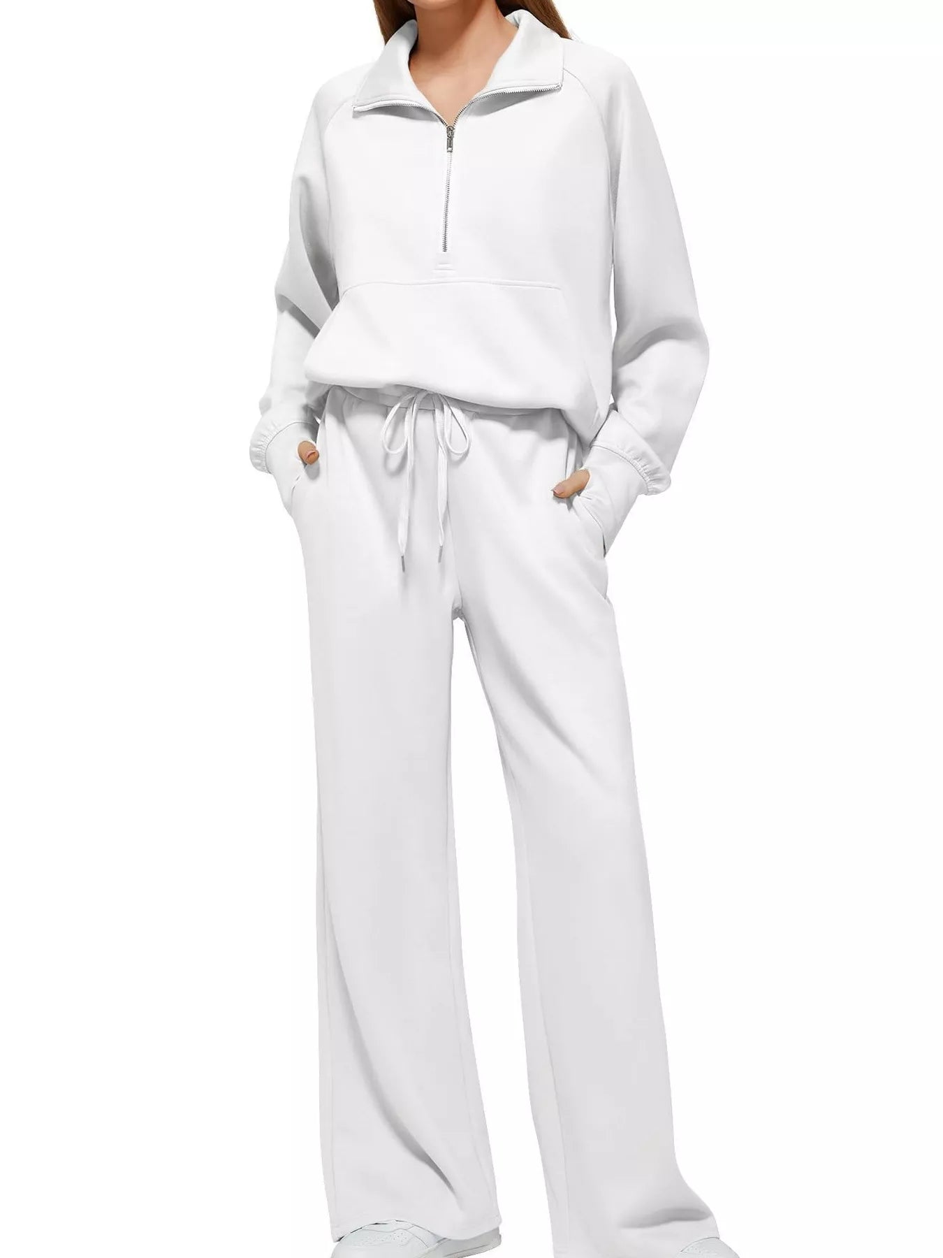 Sarah Express Women's Half-Zip Sweatshirt and Wide-Leg Pants Set Plus Size White