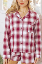 Sarah Express Women's Plaid Long Sleeve Shirt and Drawstring Shorts Lounge Set