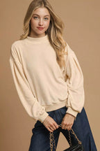 Sarah Express Women’s Velour Crewneck Sweatshirt with Balloon Sleeves Casual Fall Winter CREAM