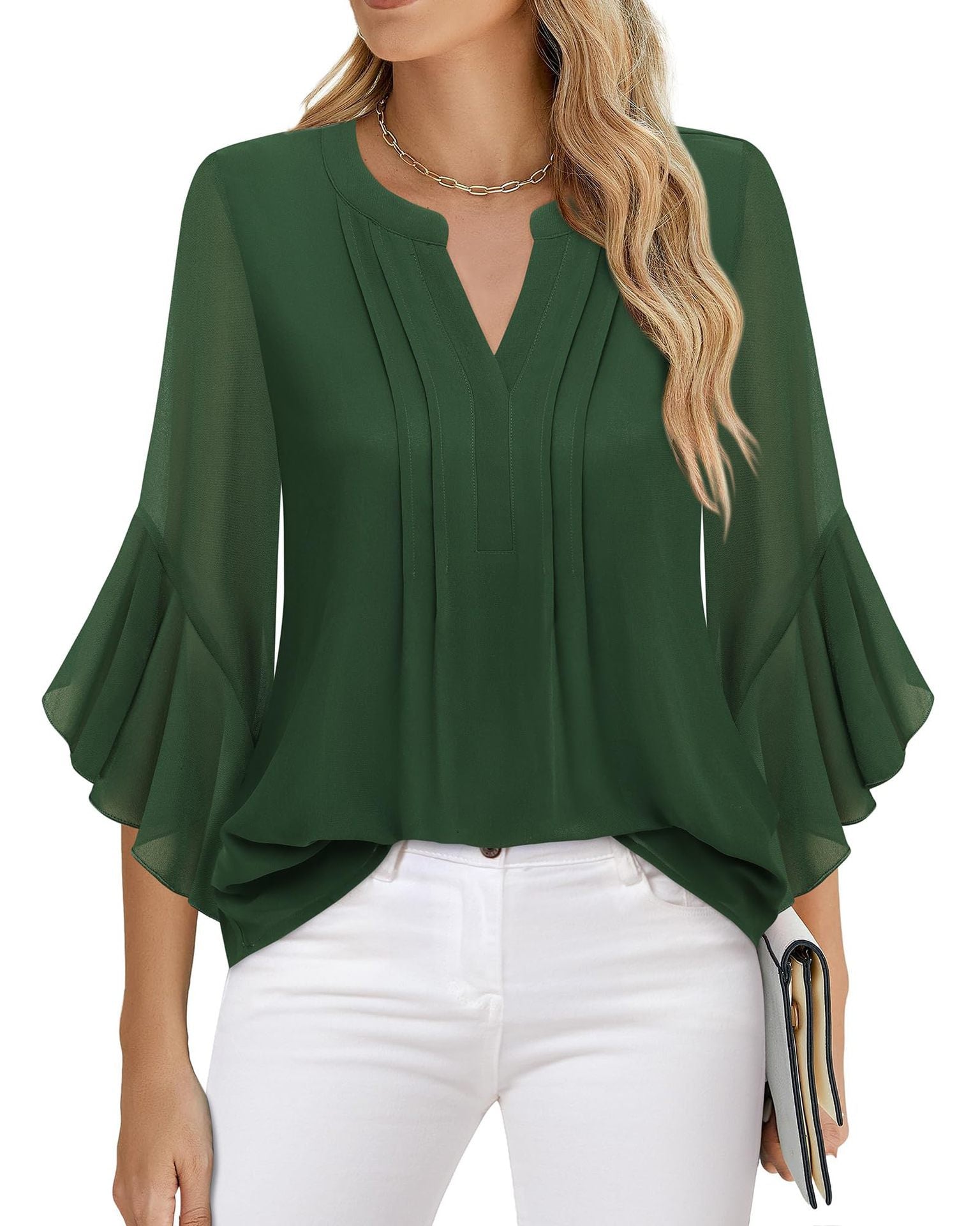 Women's Lotus Leaf Ruffle Sleeve Pullover Top Loose Fit 3/4 Sleeve