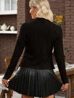 Sarah Express Women's Ribbed Knit Lettuce Trim Mock Neck Long Sleeve Top