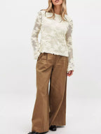 Sarah Express Women's Openwork Tied Back Long Sleeve Blouse