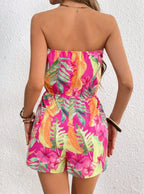 Women's Strapless Tropical Floral Romper High Waist Backless Vacation Jumpsuit