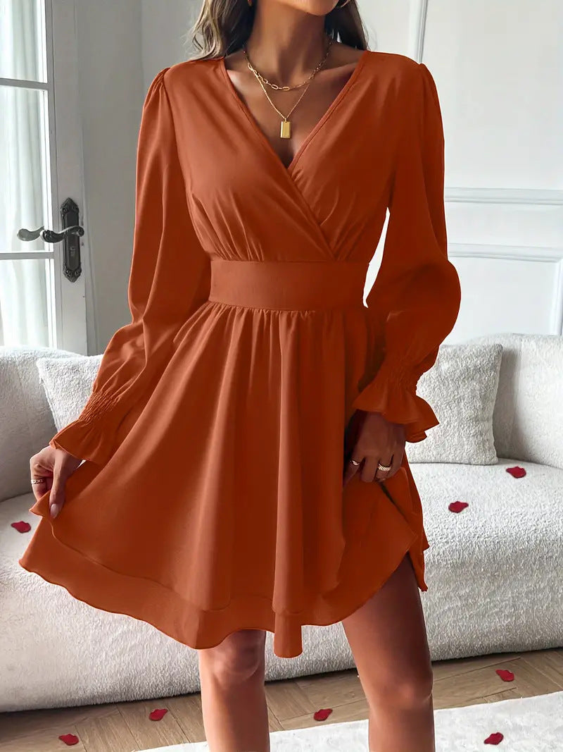 Women's V-Neck Long Sleeve Double Layer Skirt Work Dress