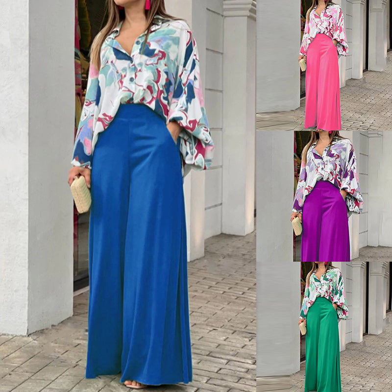 Women's Loose Elegant Printed Shirt and Wide Leg Pants Two-Piece Set