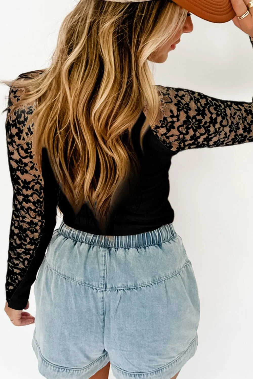 Sarah Express Women's Mock Neck Long Sleeve Lace Patchwork T-Shirt