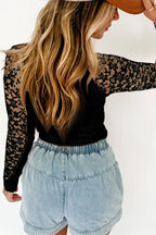 Sarah Express Women's Mock Neck Long Sleeve Lace Patchwork T-Shirt