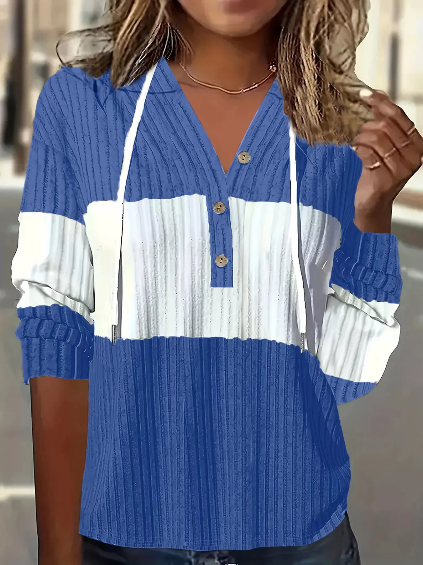 Sarah Express Women's Color Block Drawstring Long Sleeve Hoodie Blue