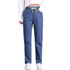 Women's High Waist Straight Leg Cropped Denim Jeans Elastic Waist