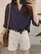 Sarah Express Women's Striped Collared Neck Shirt - Three Quarter Sleeve Button Down Blouse