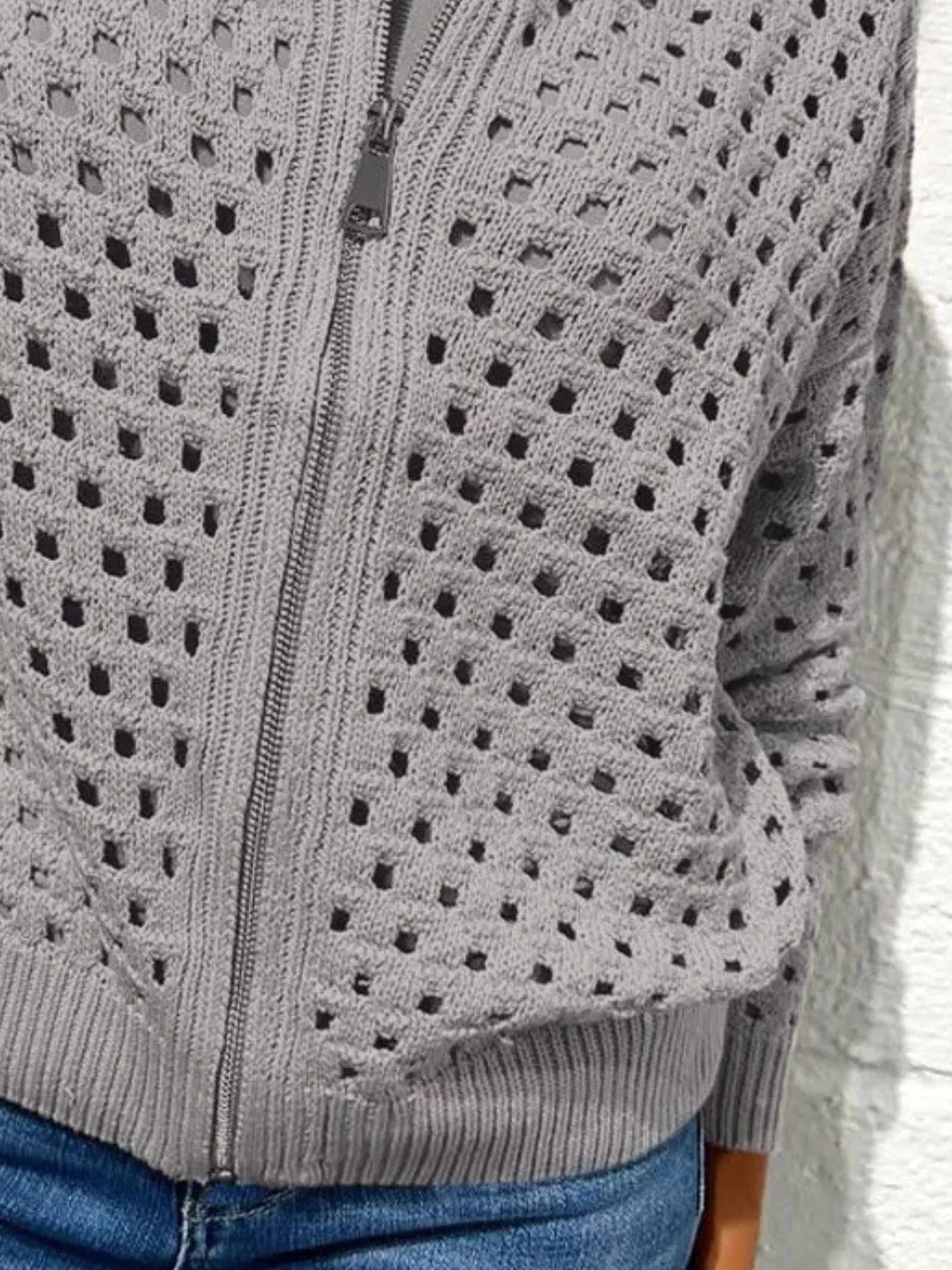 Sarah Express Women's Full Size Zip Up Long Sleeve Cardigan with Eyelet Detail Plus Size