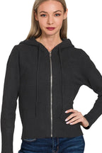 Drawstring Zip Up Hooded Cardigan