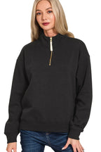 Black half-zip sweatshirt worn by a person on a white background