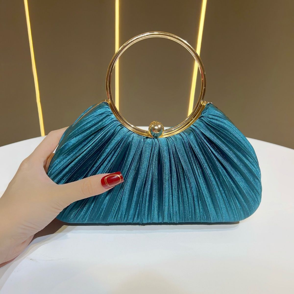 Sarah Express Elegant Satin Pleated Evening Clutch Bag - Cheongsam Style Formal Handbag with Hasp Lock Green