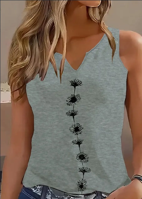 Women's Floral Print Tank Top Notch Neck Sleeveless Summer Casual Top
