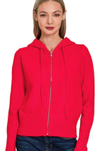  Drawstring Zip Up Hooded Cardigan