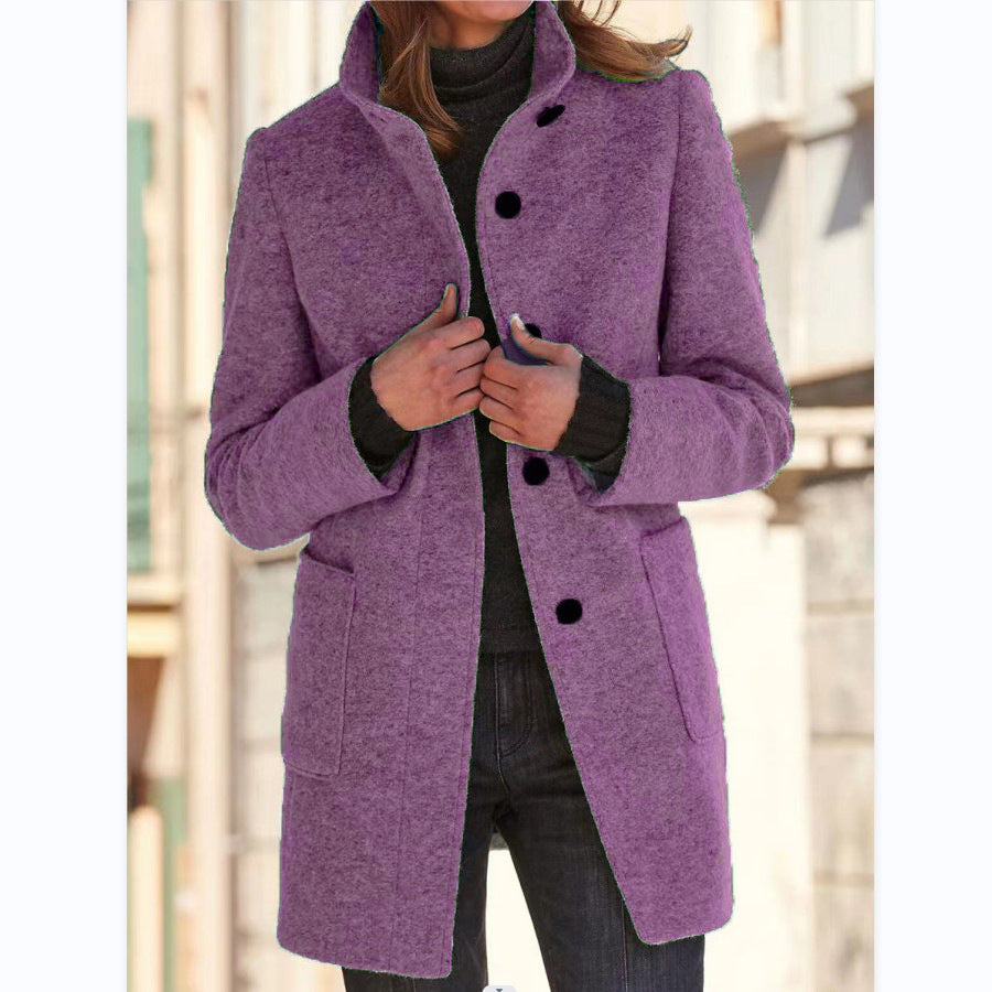 Women's Stand Collar Woolen Coat Button Front Outerwear