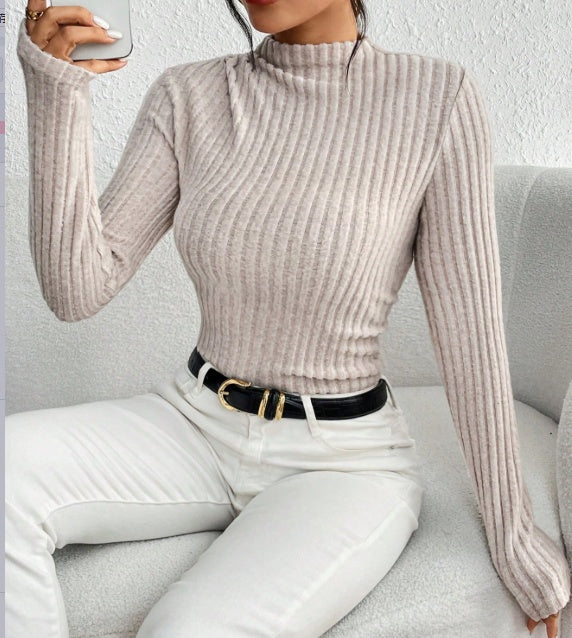 Ribbed Mock Neck Bodysuit Women's Long Sleeve Knit Jumpsuit Slim Fit Top