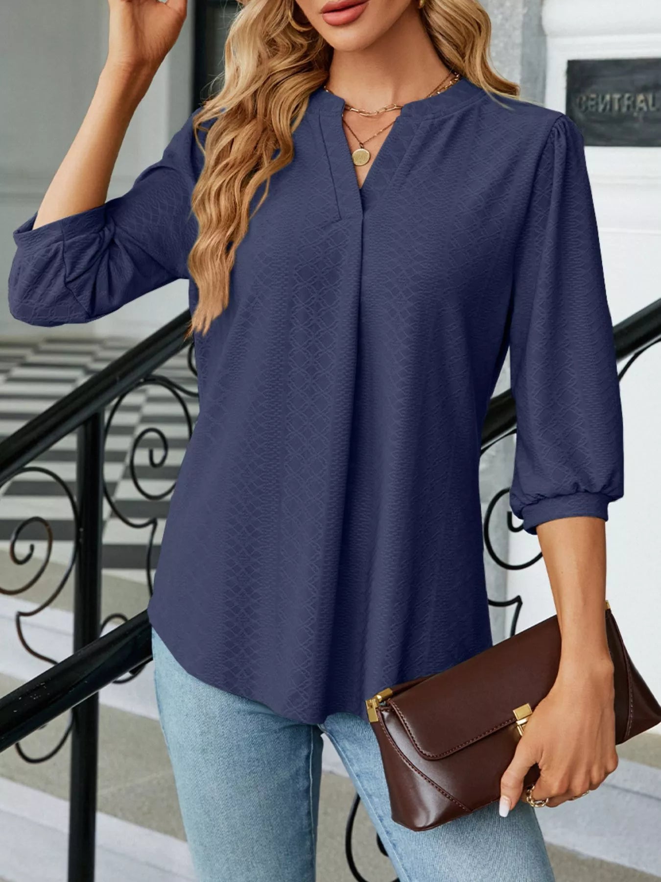 Sarah Express Women's Notched 3/4 Sleeve Casual Top Indigo