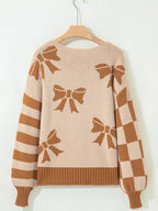 Sarah Express Women's Ribbon Bow Checkered Striped Sleeve Drop Shoulder Sweater