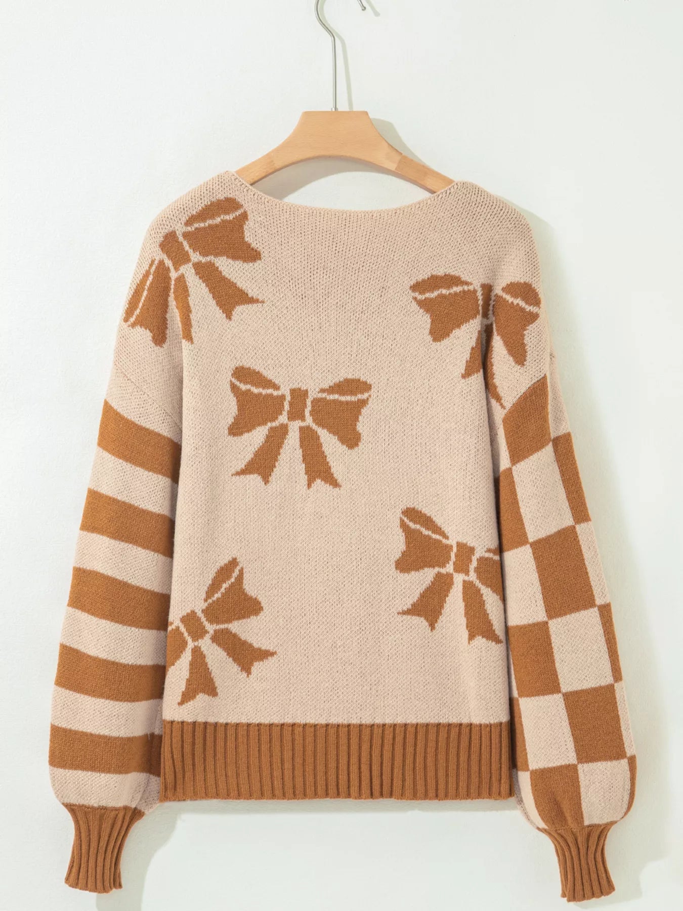 Sarah Express Women's Ribbon Bow Checkered Striped Sleeve Drop Shoulder Sweater