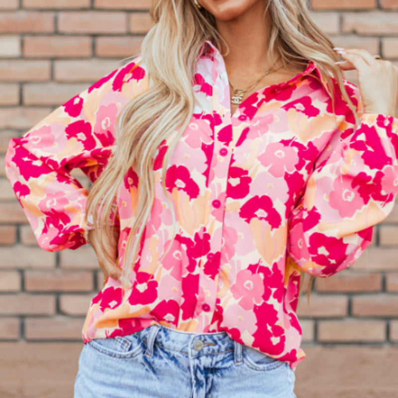 Women's Floral Print Puff Sleeve Button-Down Shirt Polyester Pink