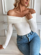 Sarah Express Women's Off-Shoulder Ribbed Knit Top - Stretchy Long Sleeve Sweater
