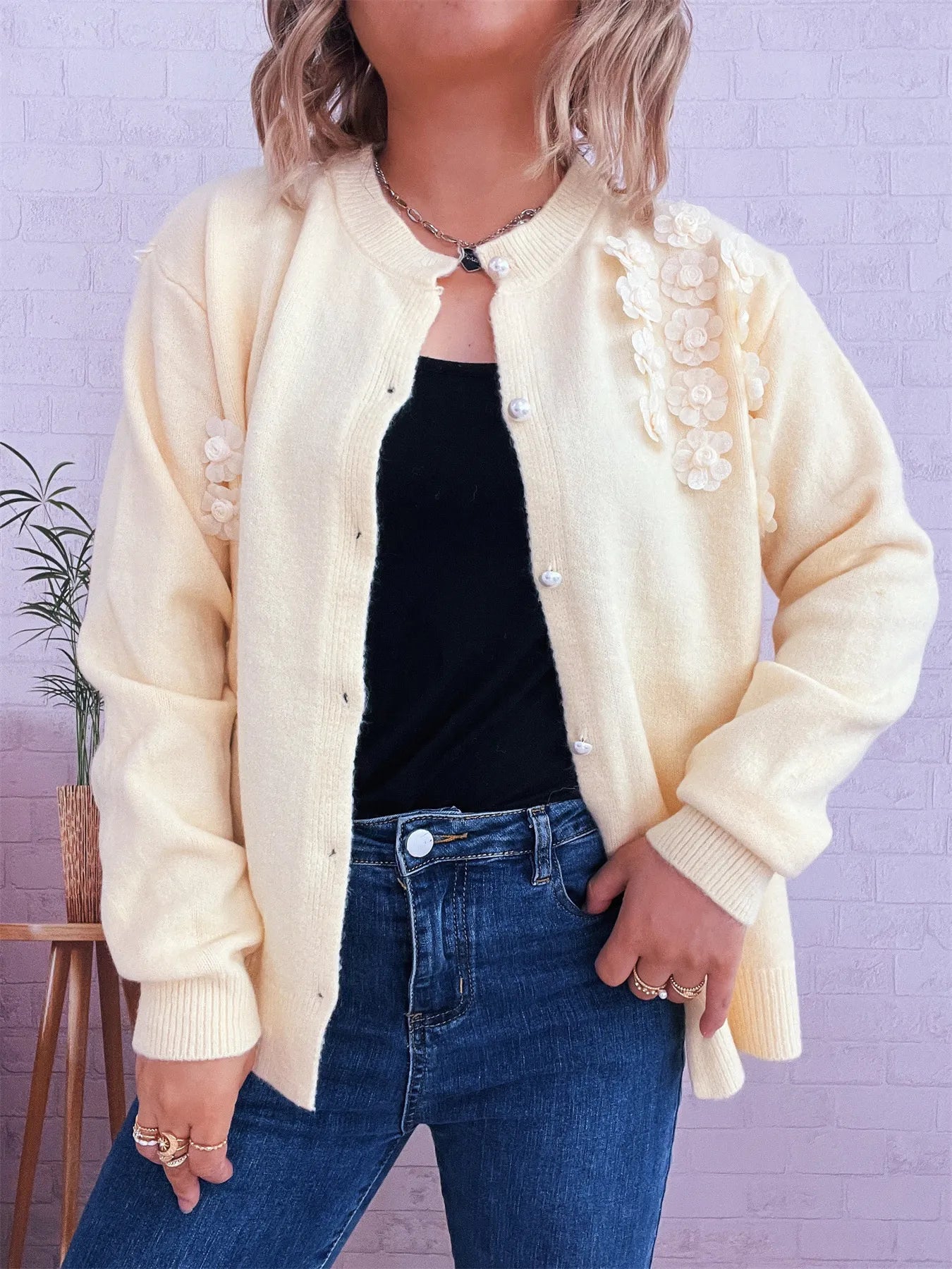 Sarah Express Women's Flower Button Up Long Sleeve Cardigan Yellow One Size