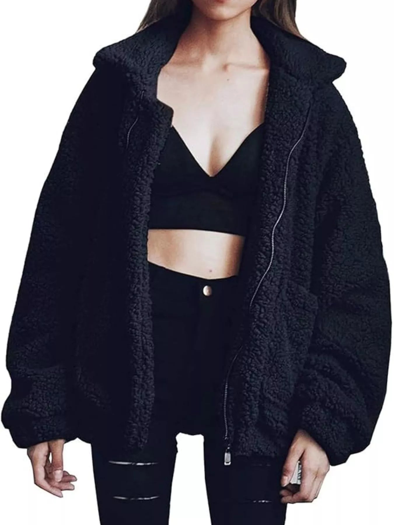 Sarah Express Women's Cozy Fleece Zip Up Jacket Plus Size Black