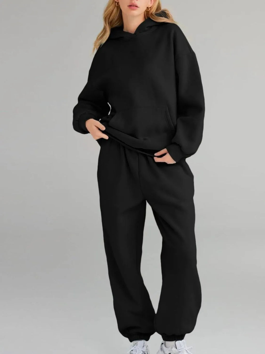 Sarah Express Women's Kangaroo Pocket Hoodie and Joggers Set Plus Size Black